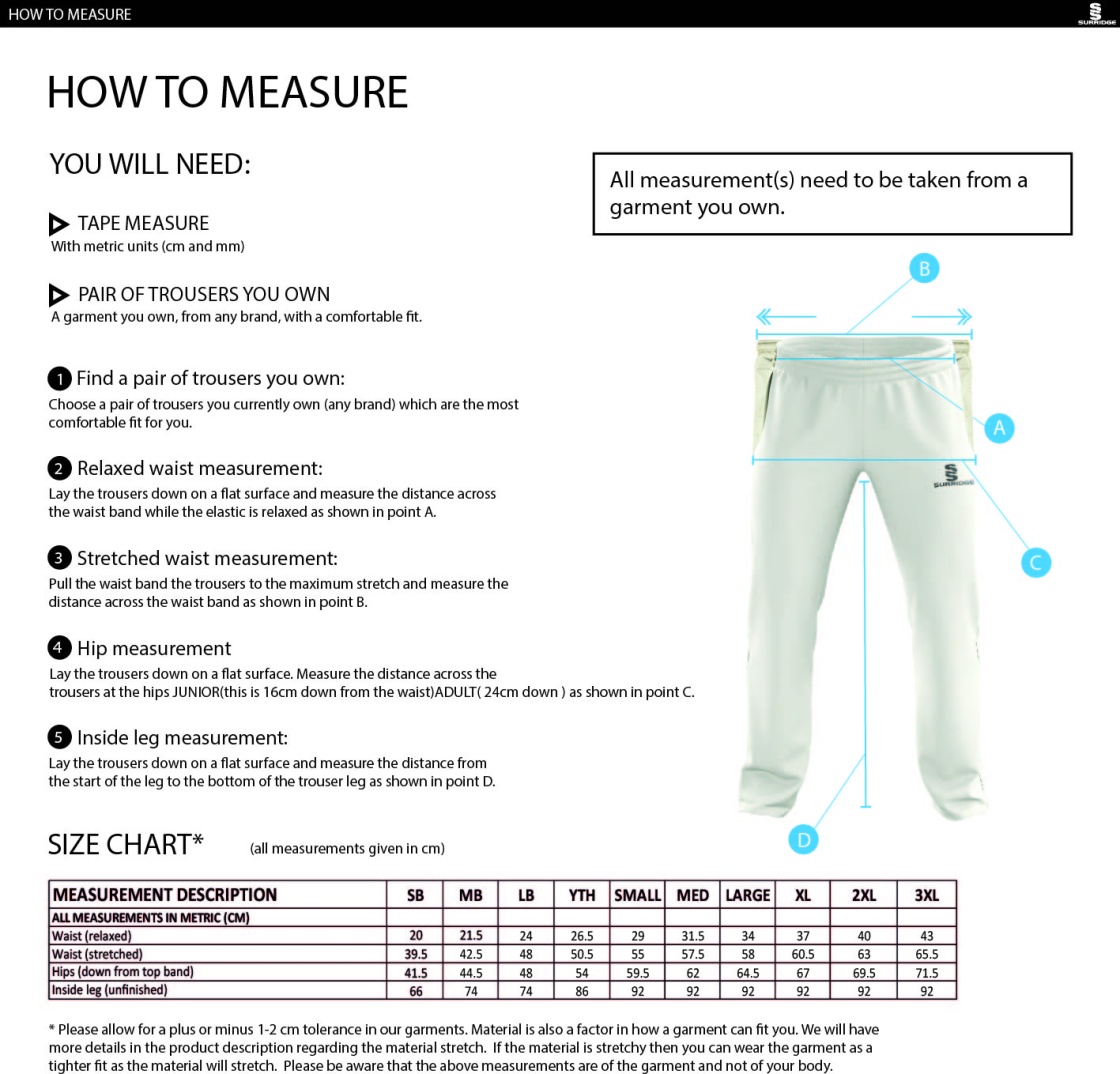 KING'S ROAD CRICKET & SOCIAL CLUB Standard Playing Trousers - Size Guide