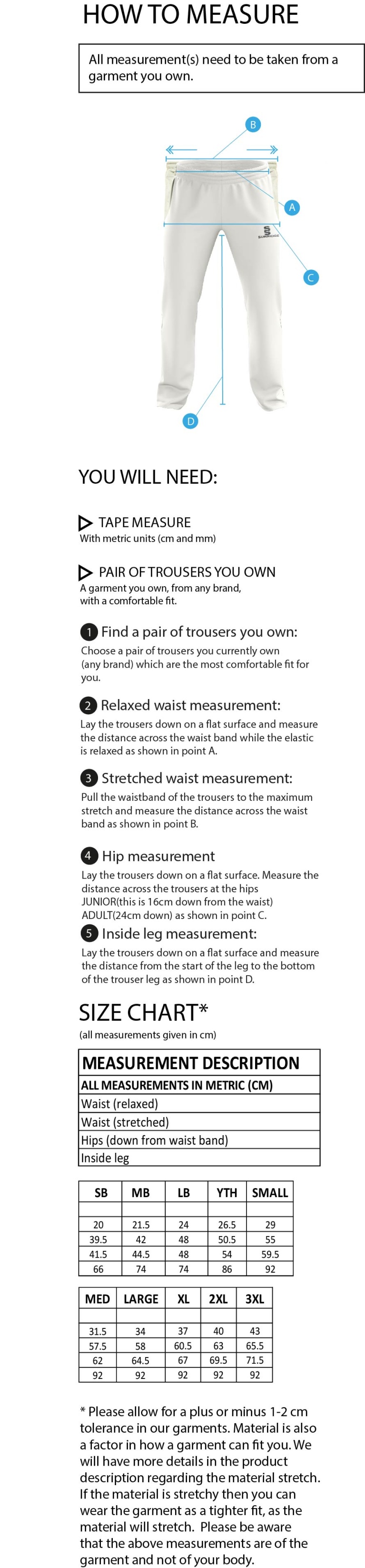 KING'S ROAD CRICKET & SOCIAL CLUB Standard Playing Trousers - Size Guide