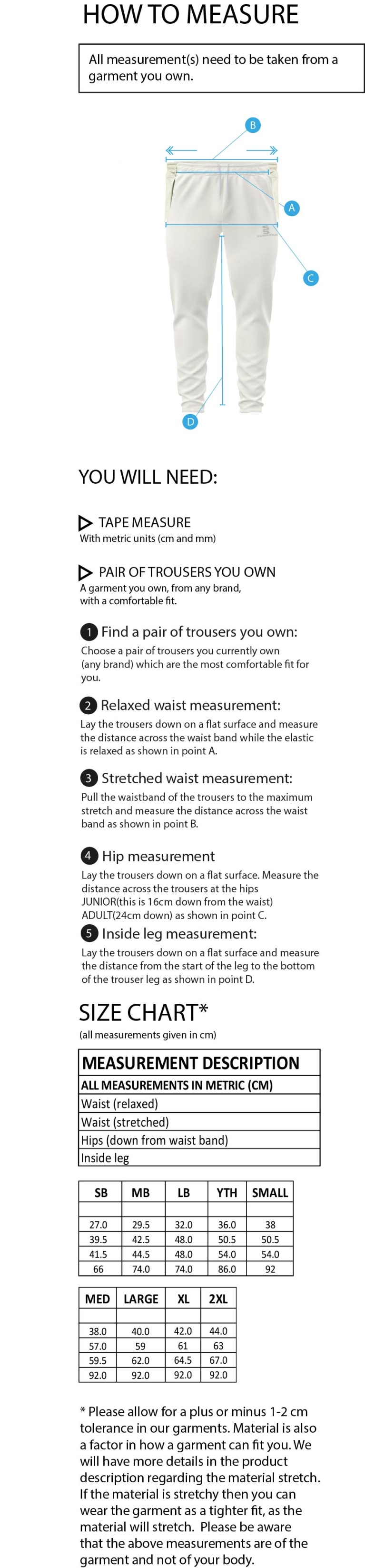 King's Road C.S.C - Playing Pant - Size Guide